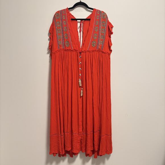 Free People Dress Womens Size Large Orange Embroidered Tassel Maxi Peasant Flowy - Picture 1 of 15